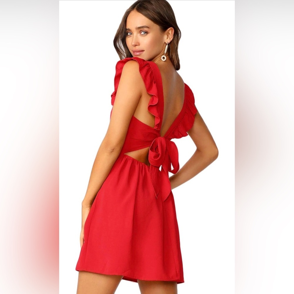 H&M Red Midi Apron Dress with Ruffle Sleeves